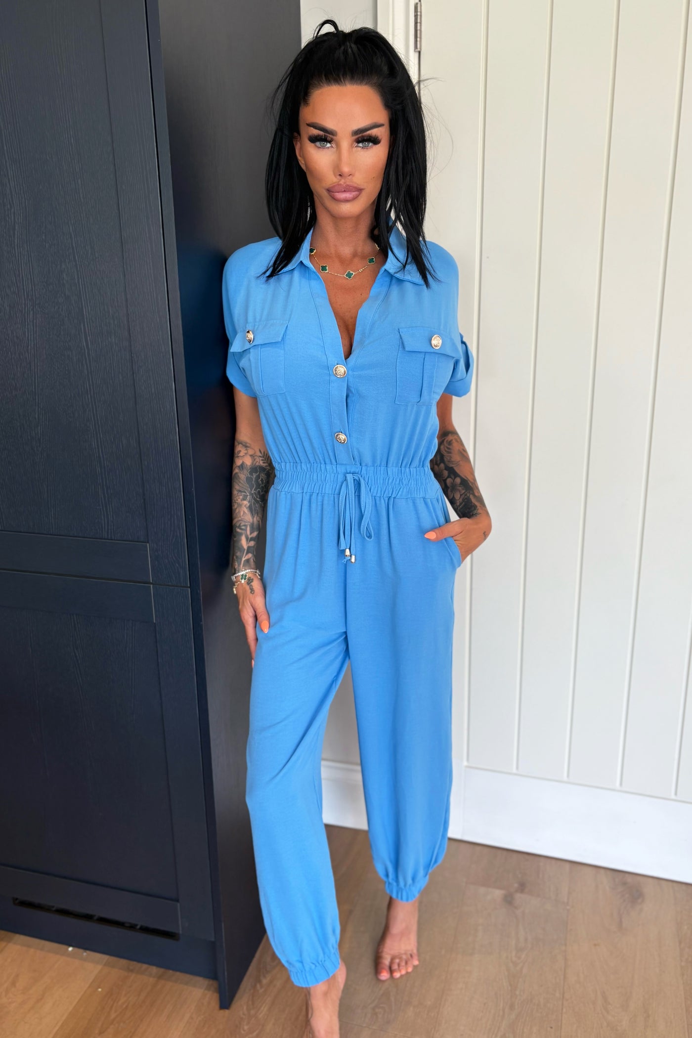 Gold Button Jumpsuit - Blue