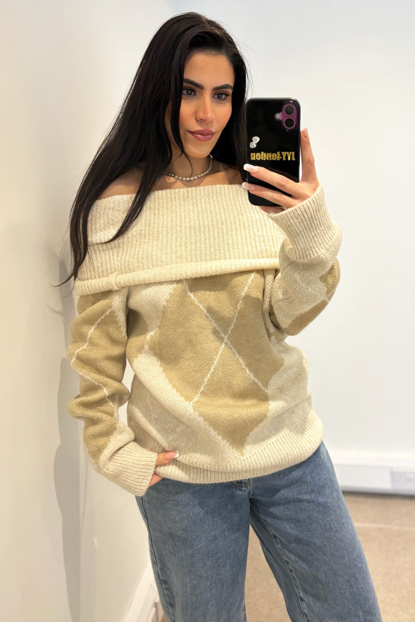 Bardot Geometric Jumper - Beige