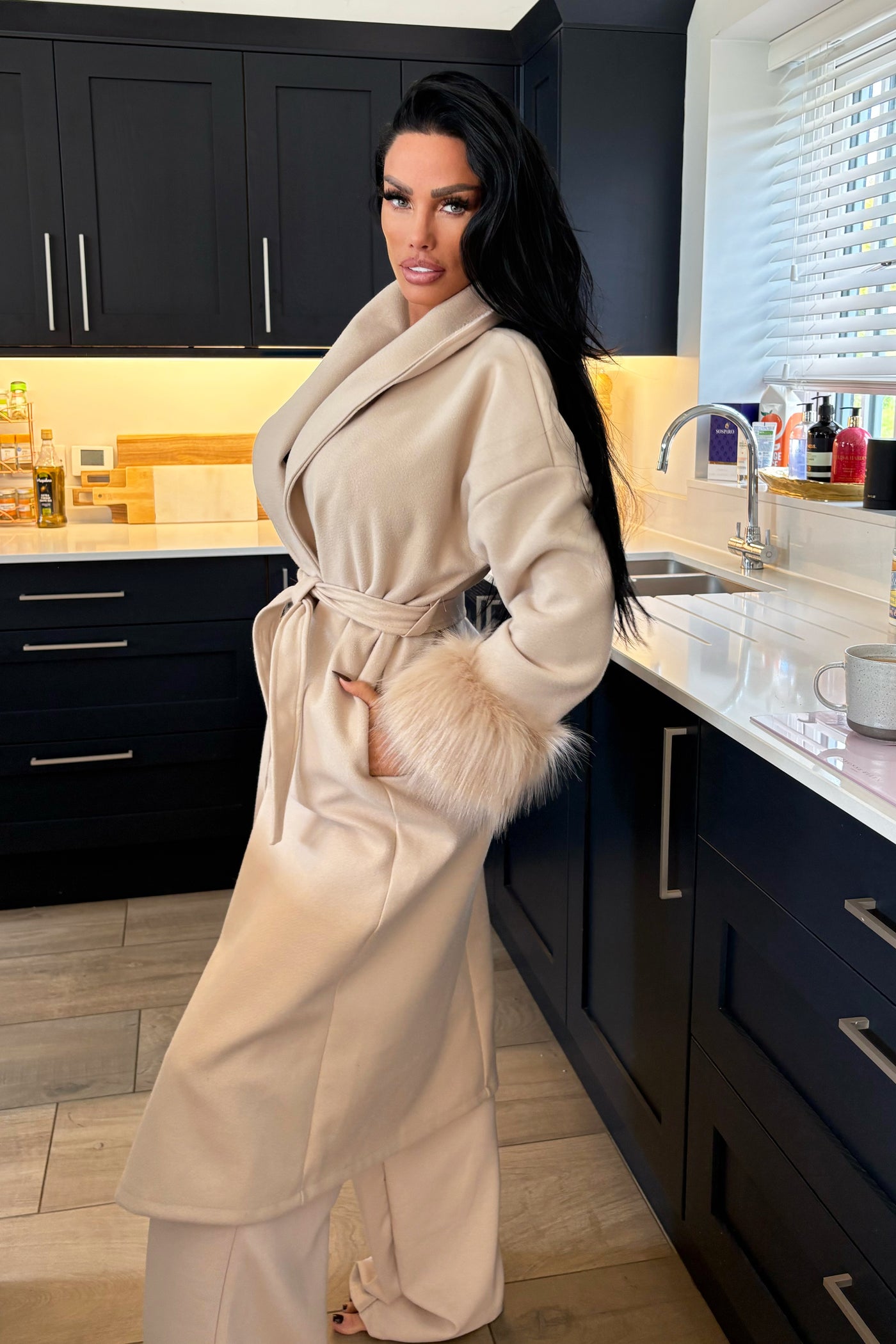 Faux Fur Cuff Coat - Beige