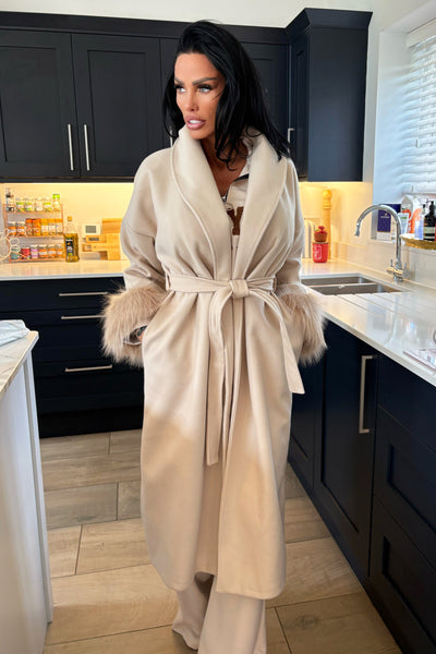 Faux Fur Cuff Coat - Beige