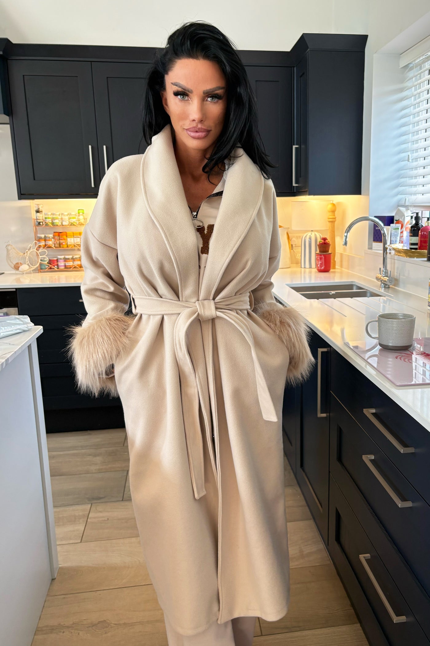 Faux Fur Cuff Coat - Beige