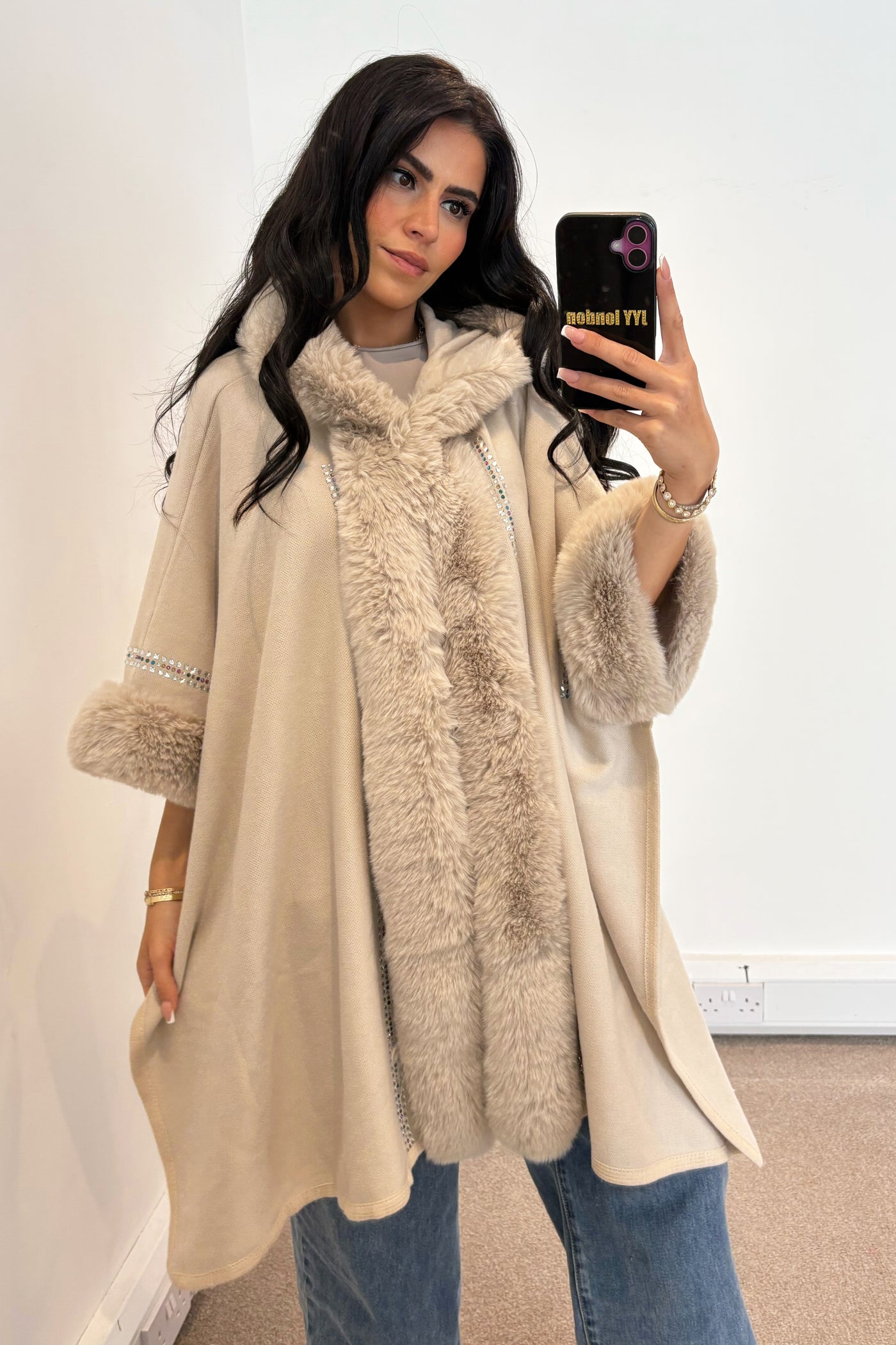 Hooded Diamante Cape - Beige