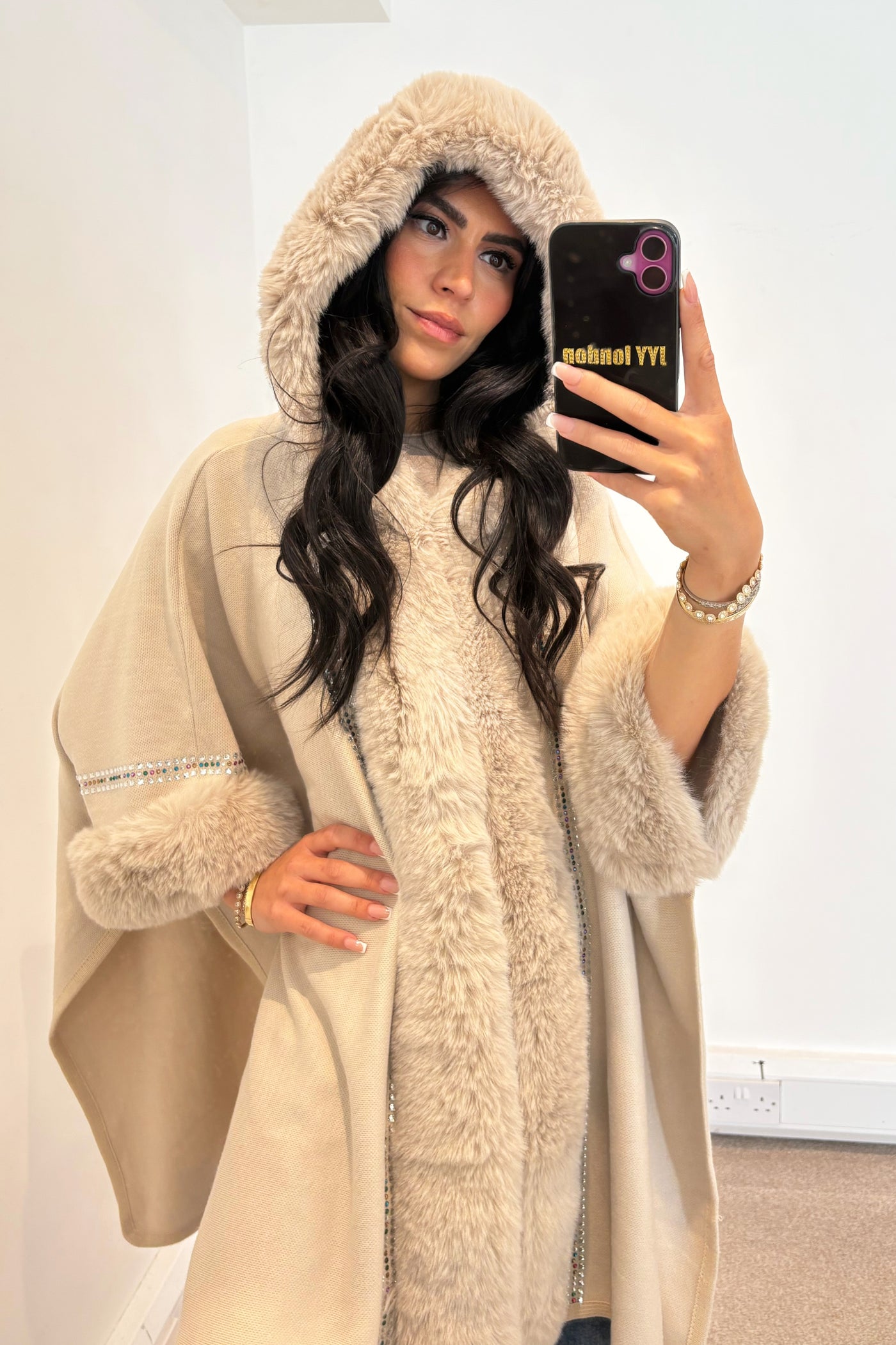 Hooded Diamante Cape - Beige