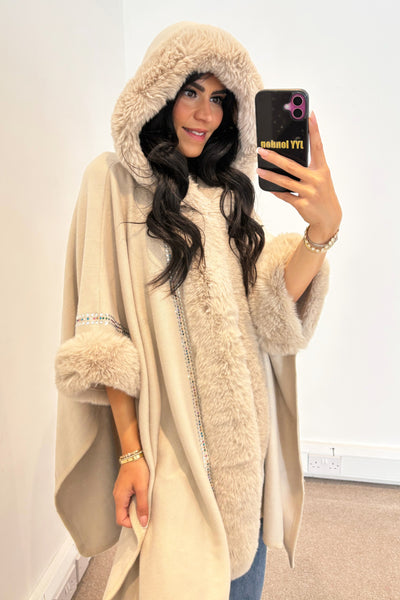 Hooded Diamante Cape - Beige