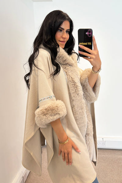 Hooded Diamante Cape - Beige