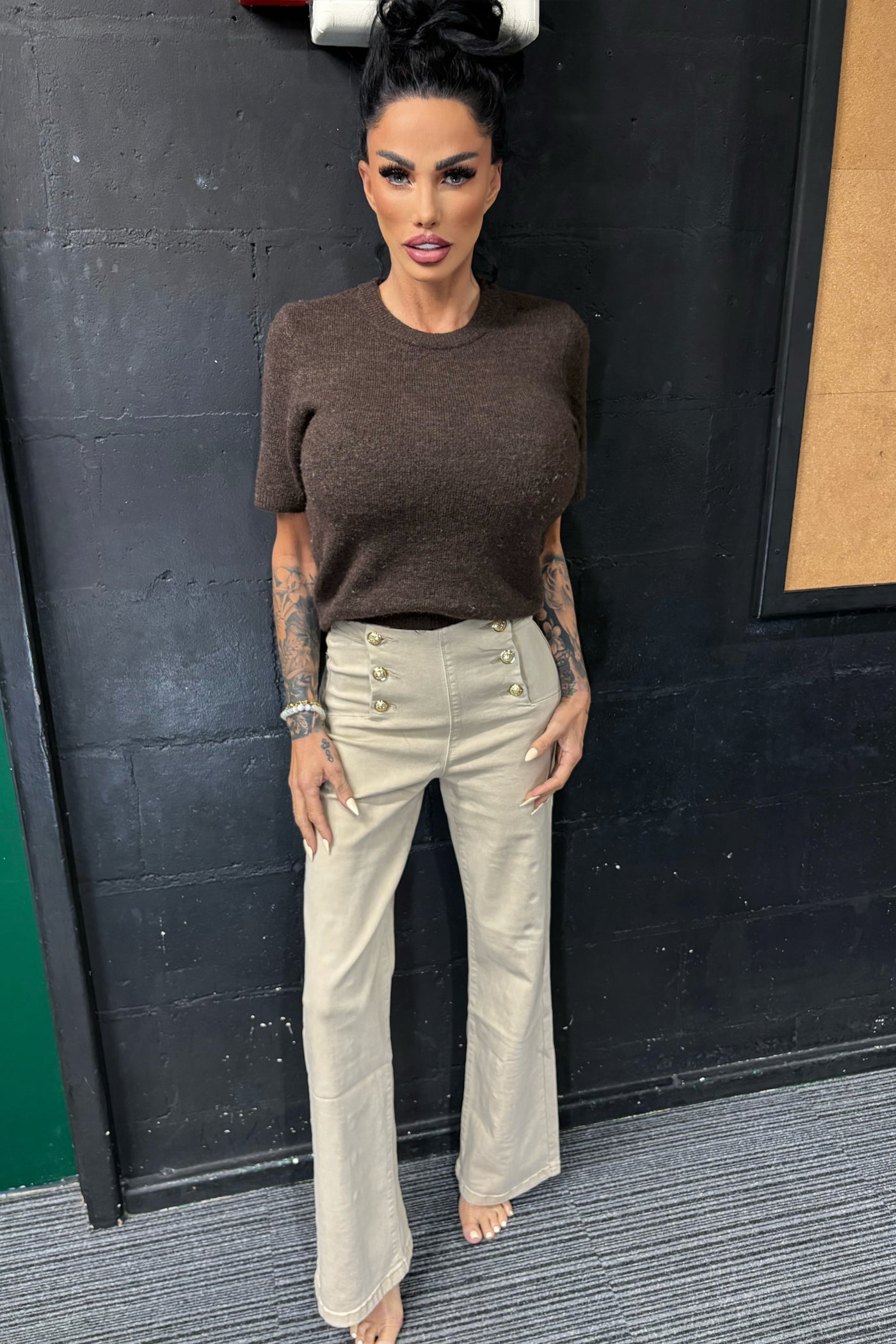Gold Button Jeans - Beige