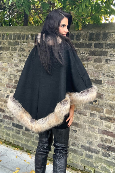 Faux Fur Poncho - Black