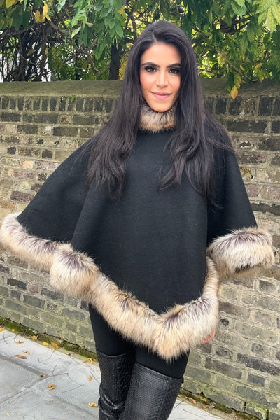 Faux Fur Poncho - Black