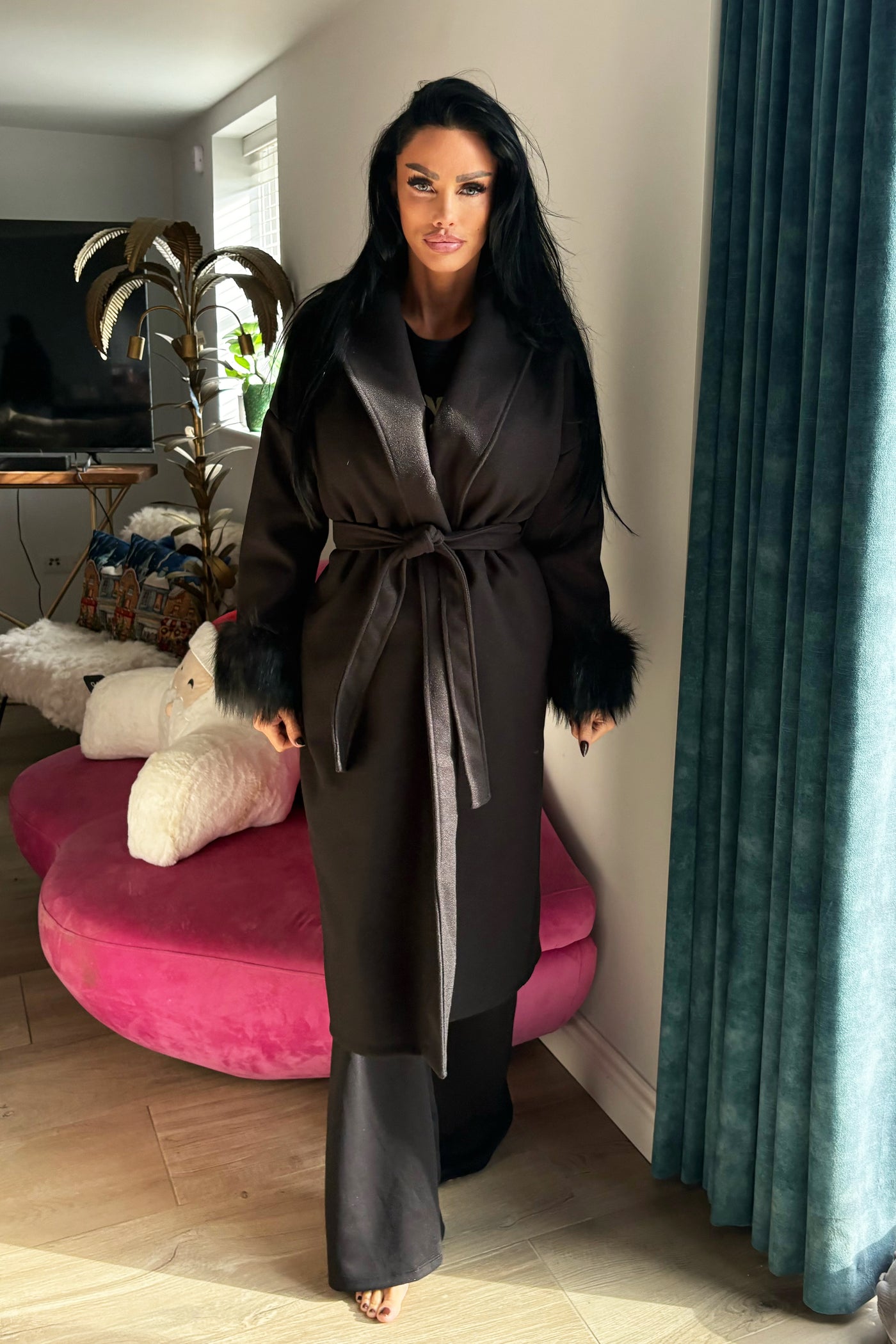 Faux Fur Cuff Coat - Black