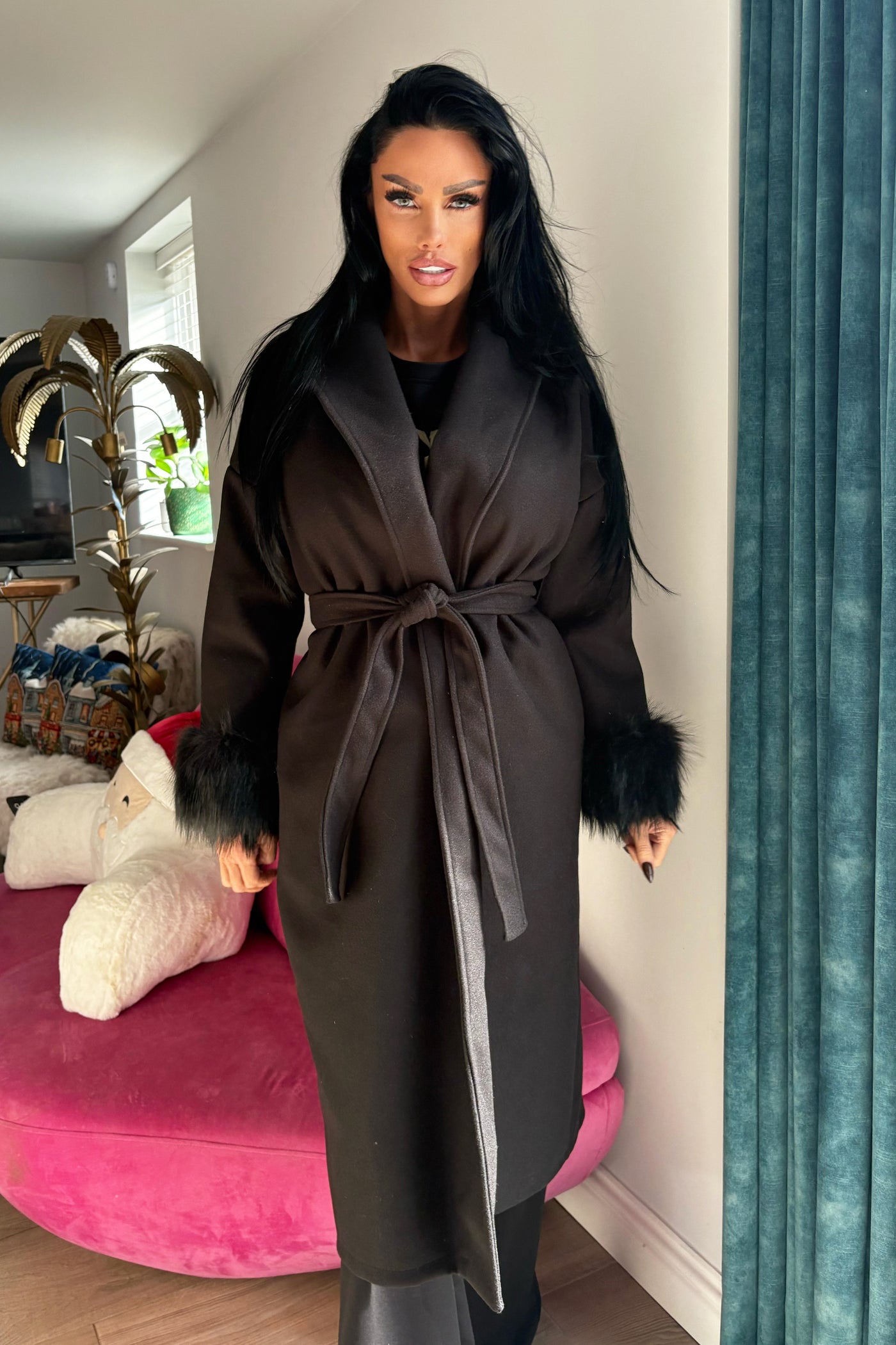 Faux Fur Cuff Coat - Black