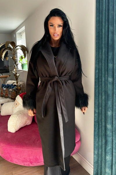 Faux Fur Cuff Coat - Black