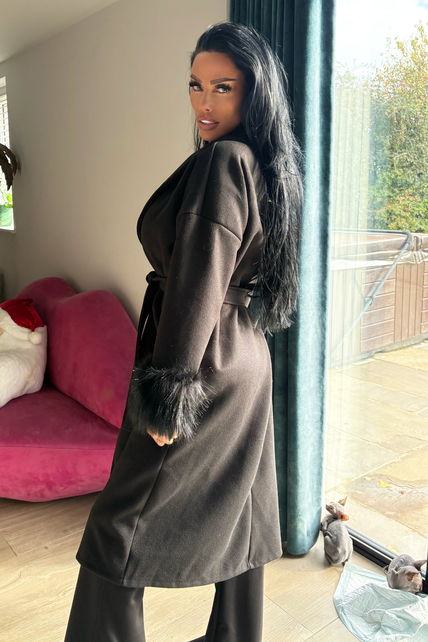 Faux Fur Cuff Coat - Black