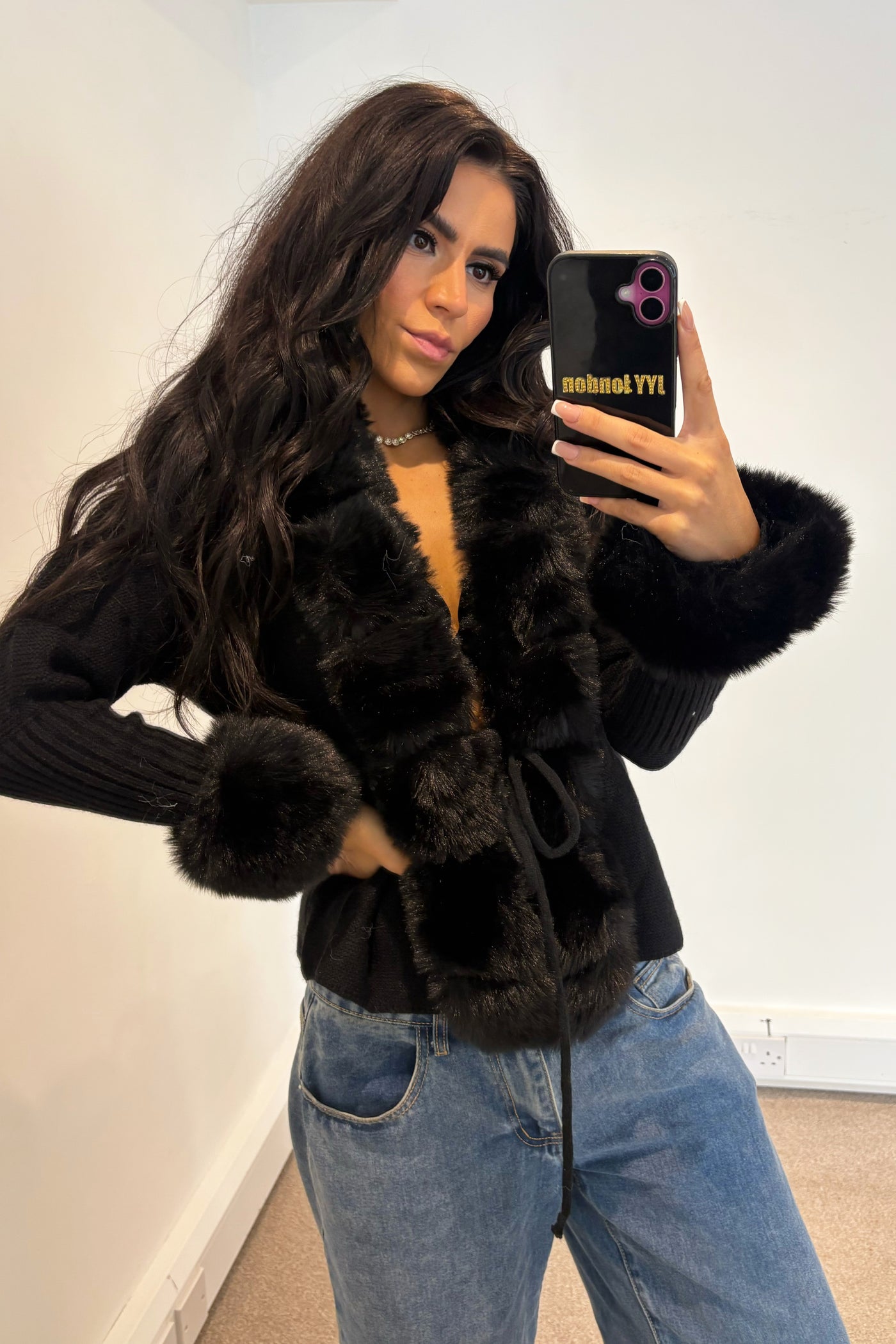 Faux Fur Tie Up Top - Black