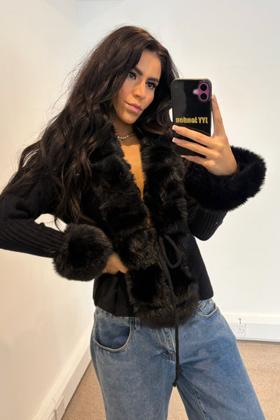 Faux Fur Tie Up Top - Black