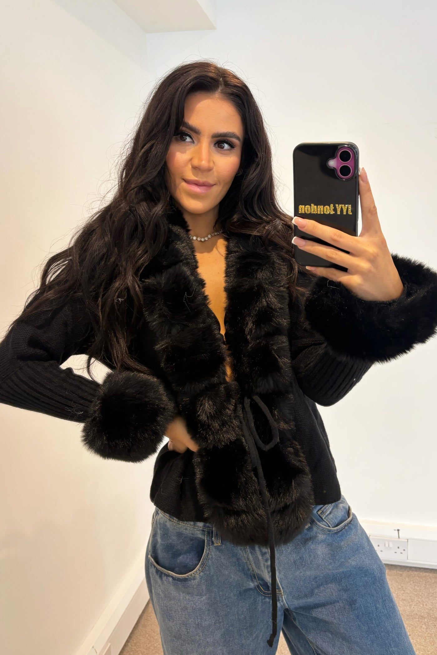 Faux Fur Tie Up Top - Black