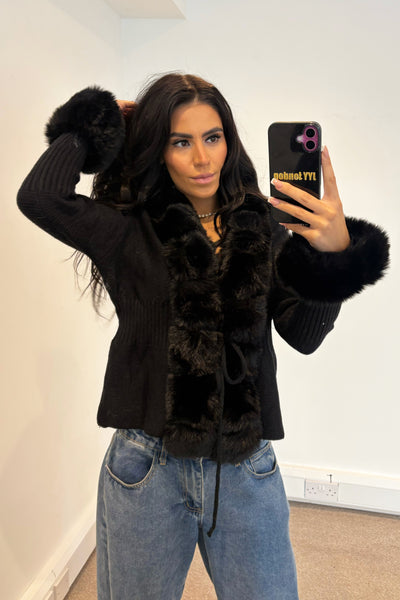 Faux Fur Tie Up Top - Black
