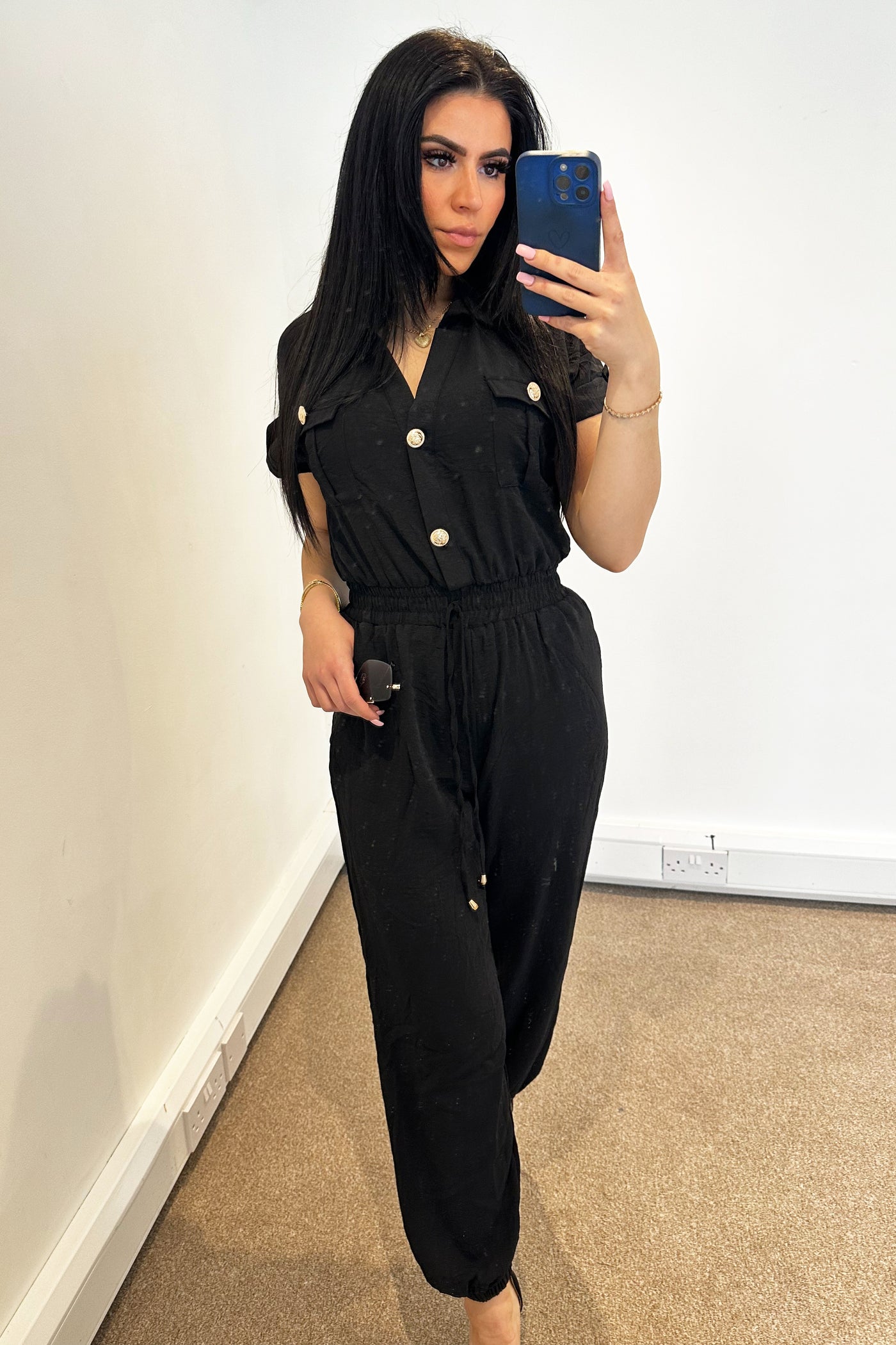 Gold Button Jumpsuit - Black
