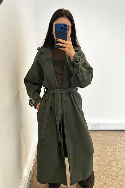 Buckle Longline Coat - Khaki