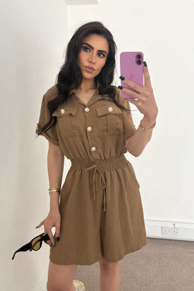 Gold Button Playsuit - Camel