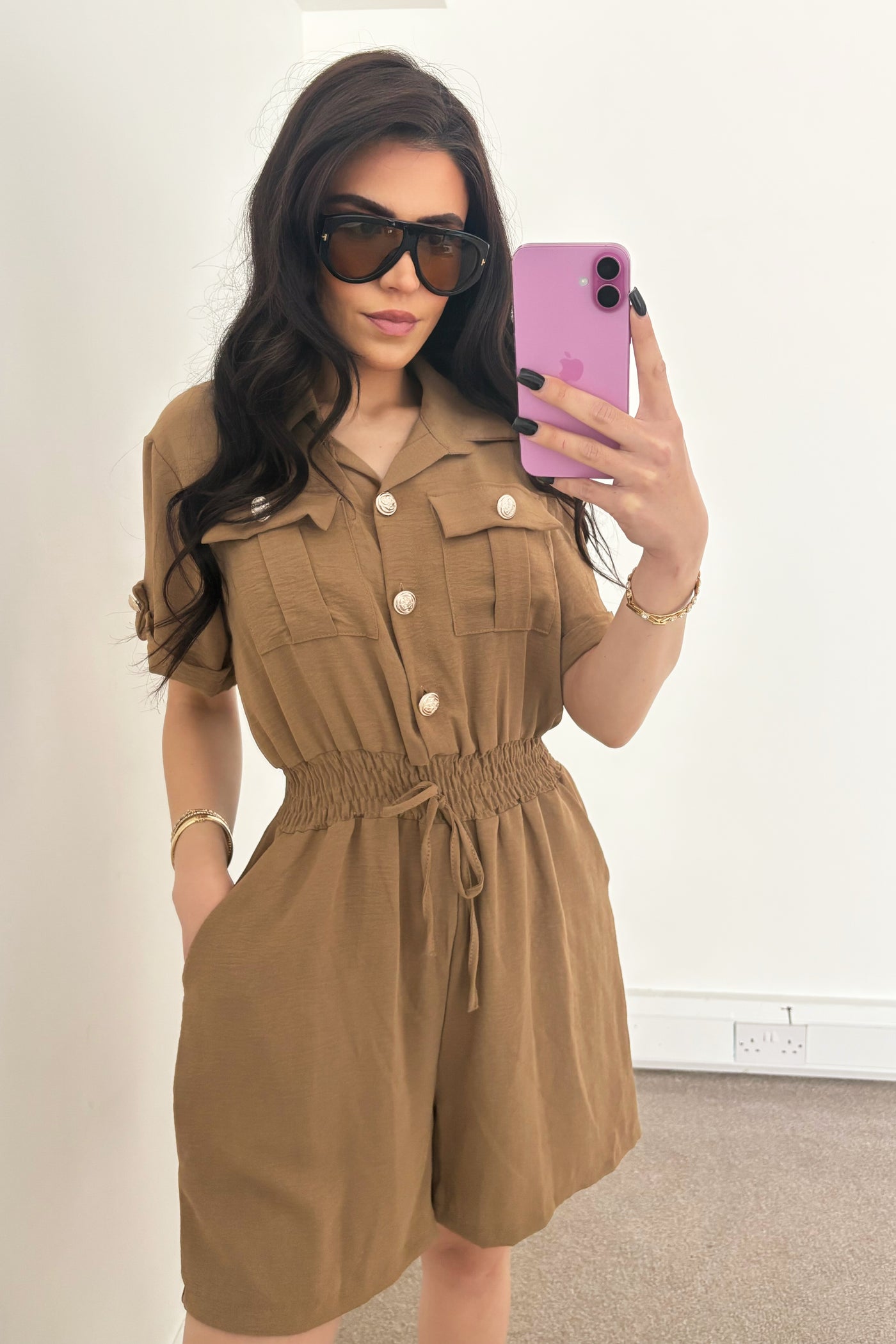 Gold Button Playsuit - Camel