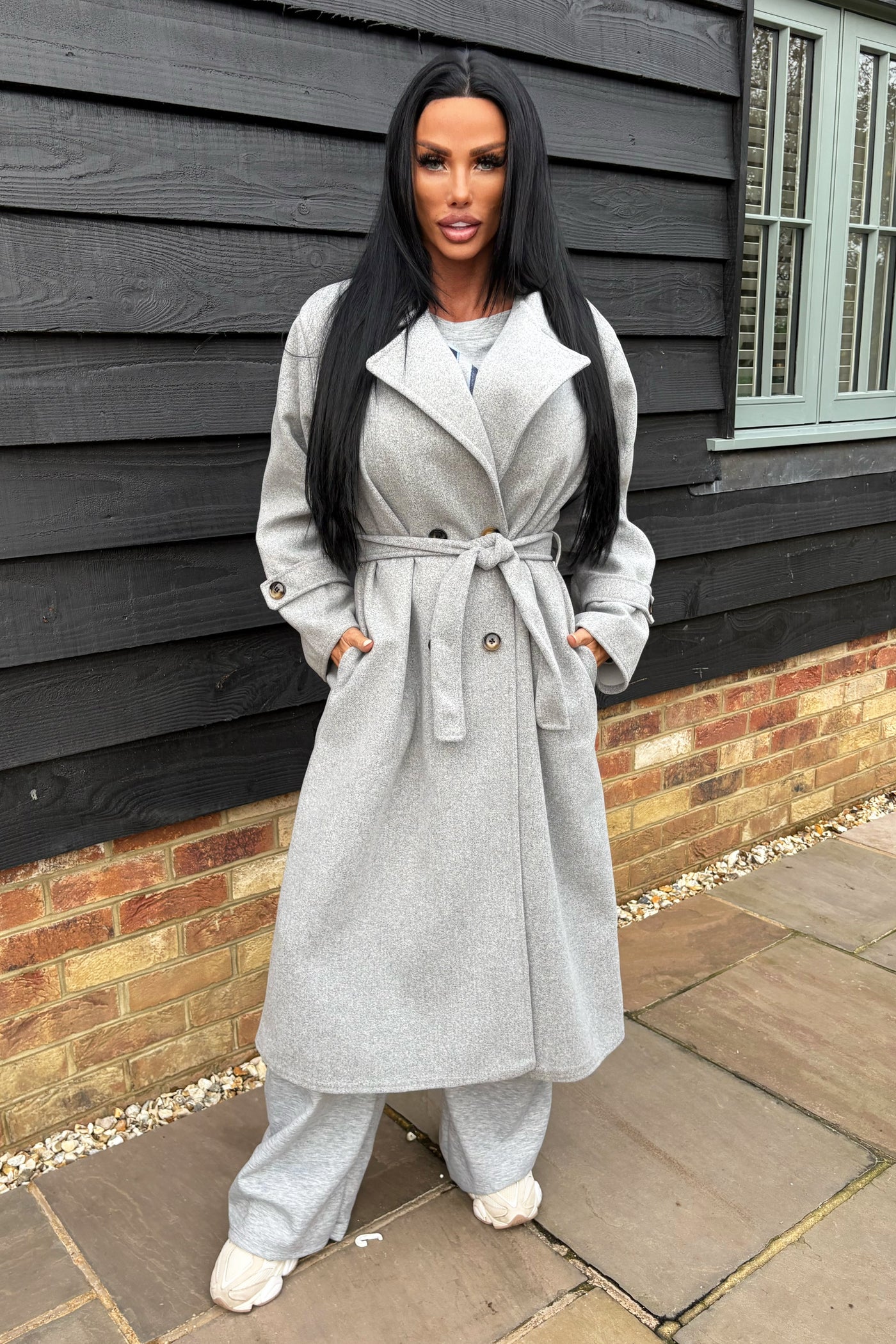Double Breasted Longline Coat - Grey