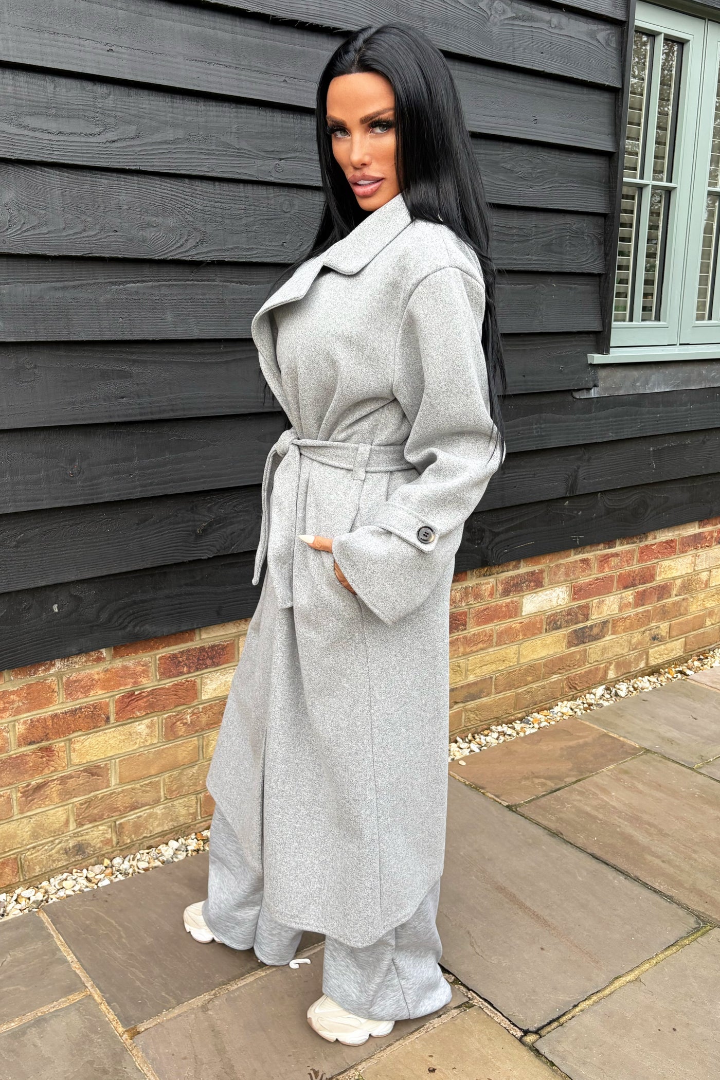 Double Breasted Longline Coat - Grey