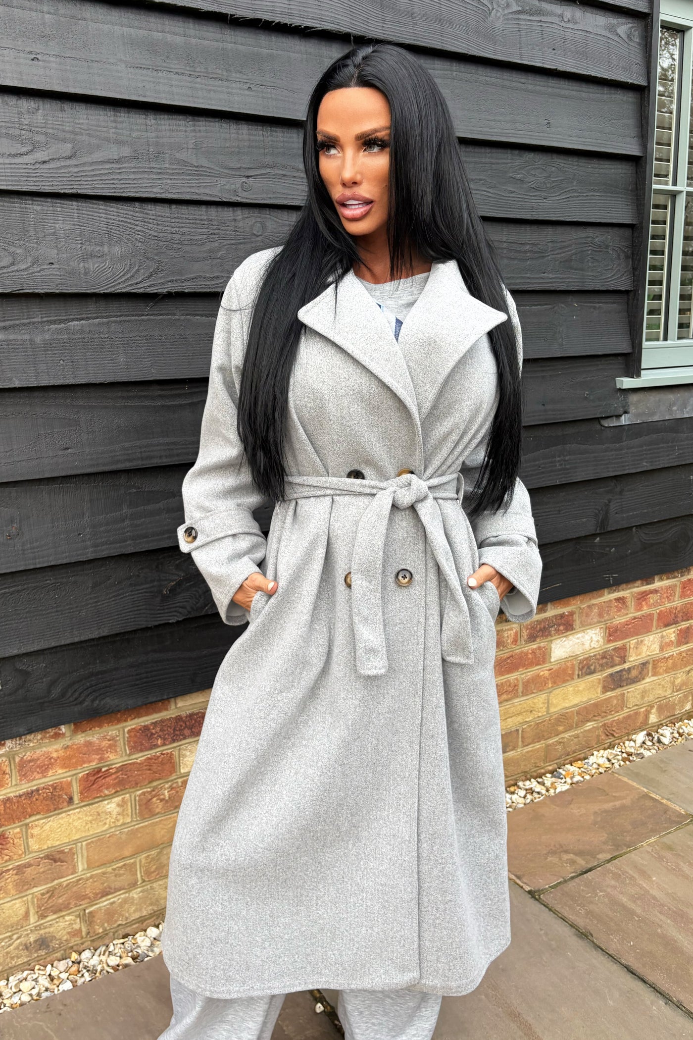 Double Breasted Longline Coat - Grey