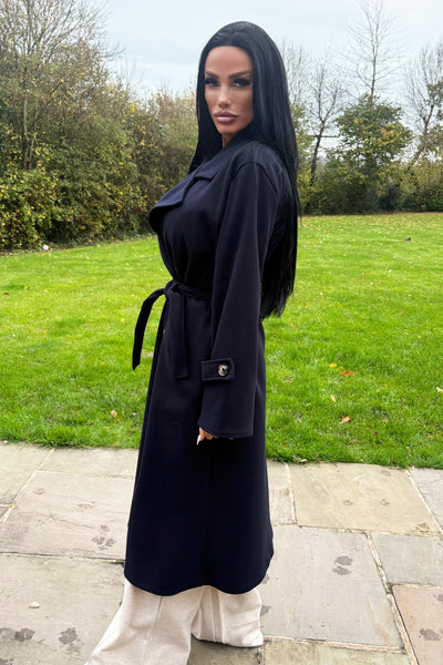 Double Breasted Longline Coat - Navy