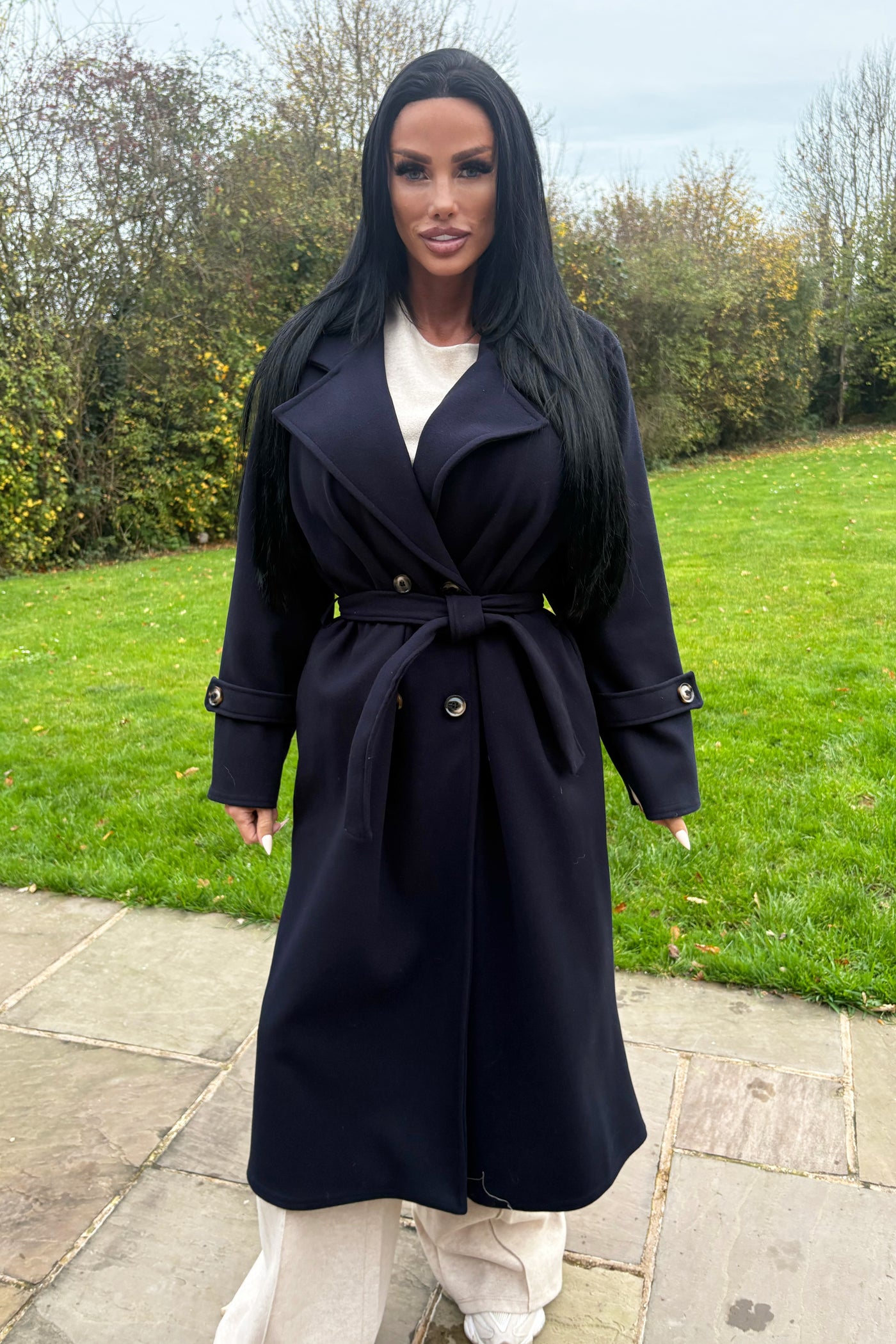 Double Breasted Longline Coat - Navy