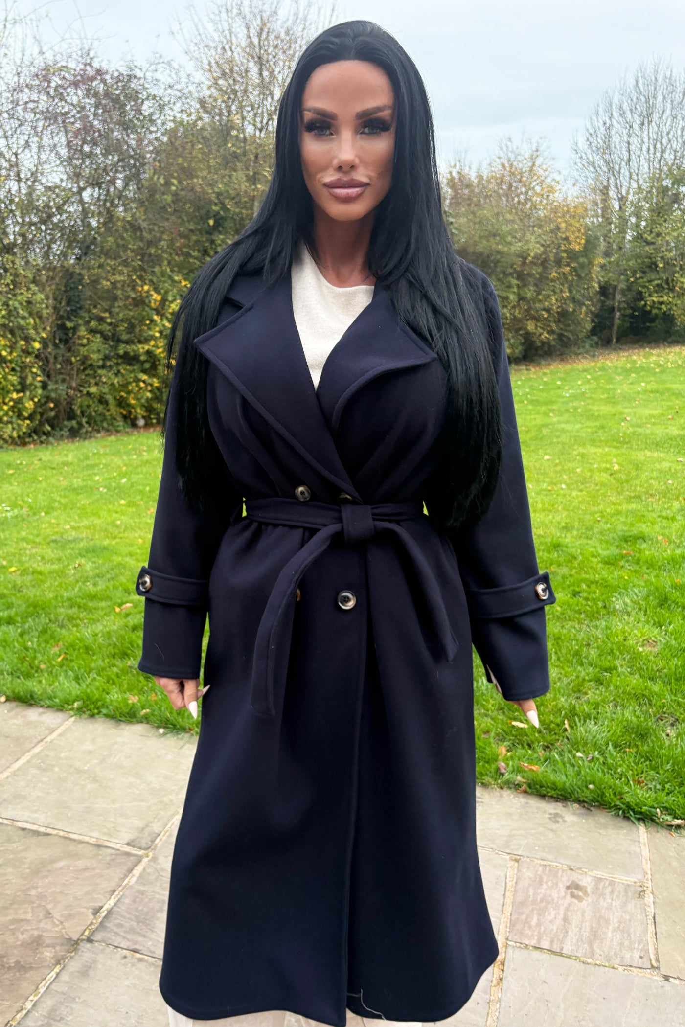 Double Breasted Longline Coat - Navy