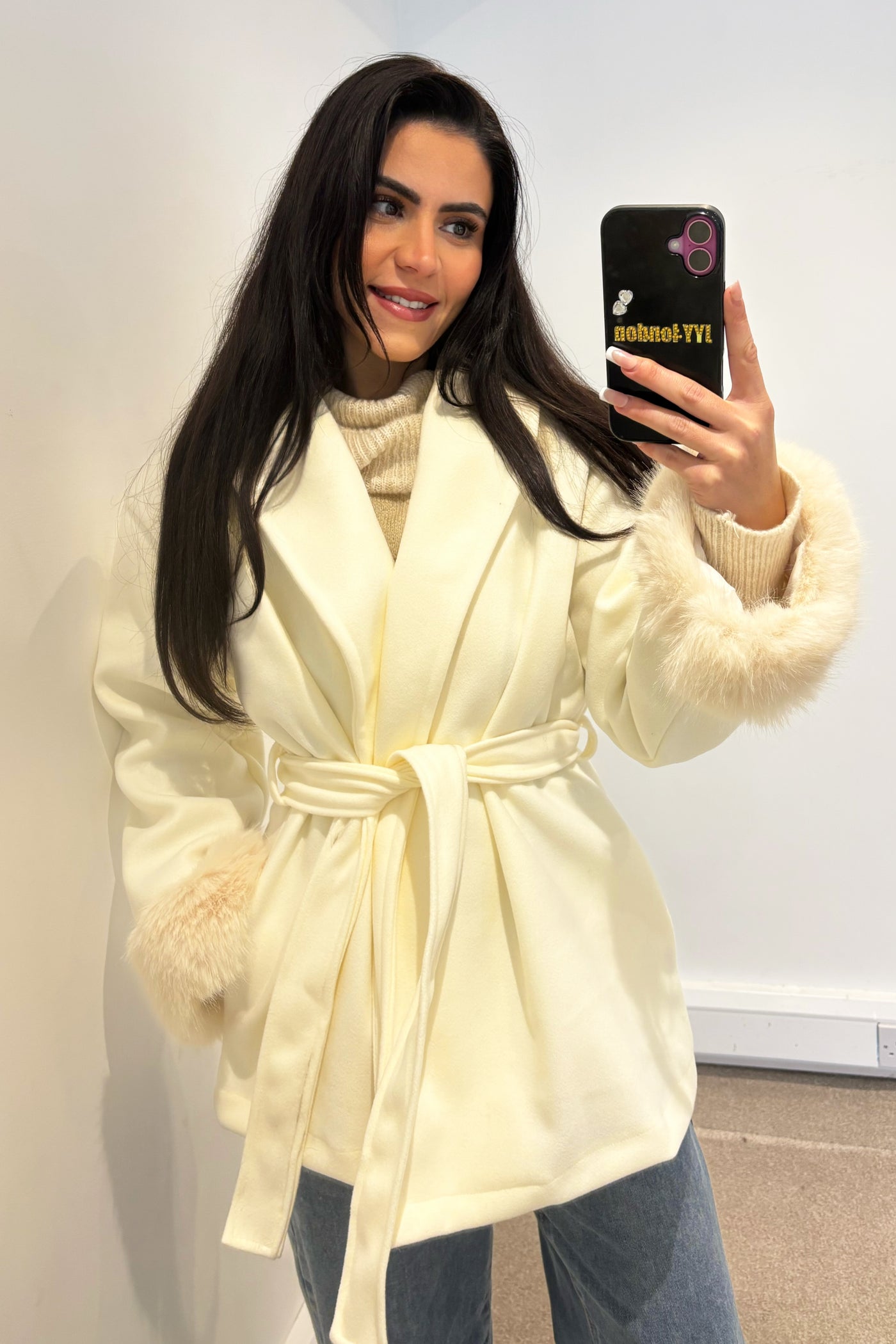 Faux Fur Wrap Jacket  - Cream