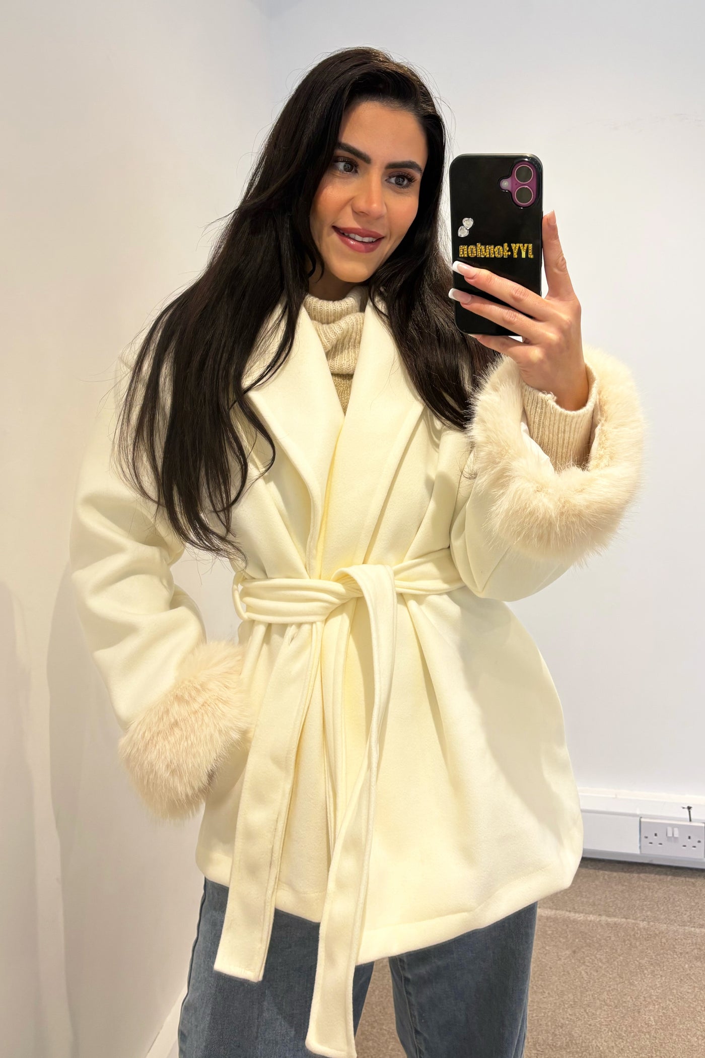 Faux Fur Wrap Jacket  - Cream