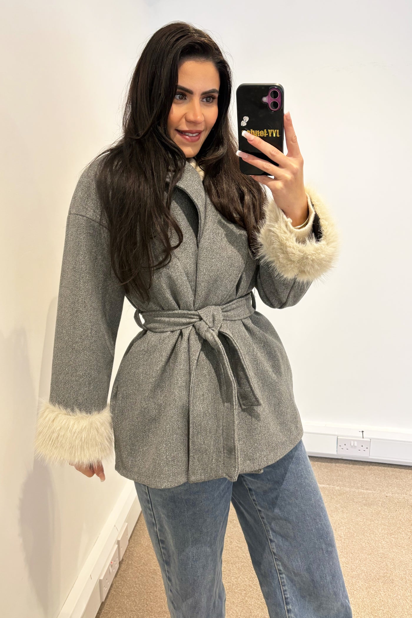 Faux Fur Wrap Jacket  - Grey