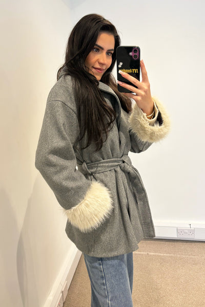Faux Fur Wrap Jacket  - Grey