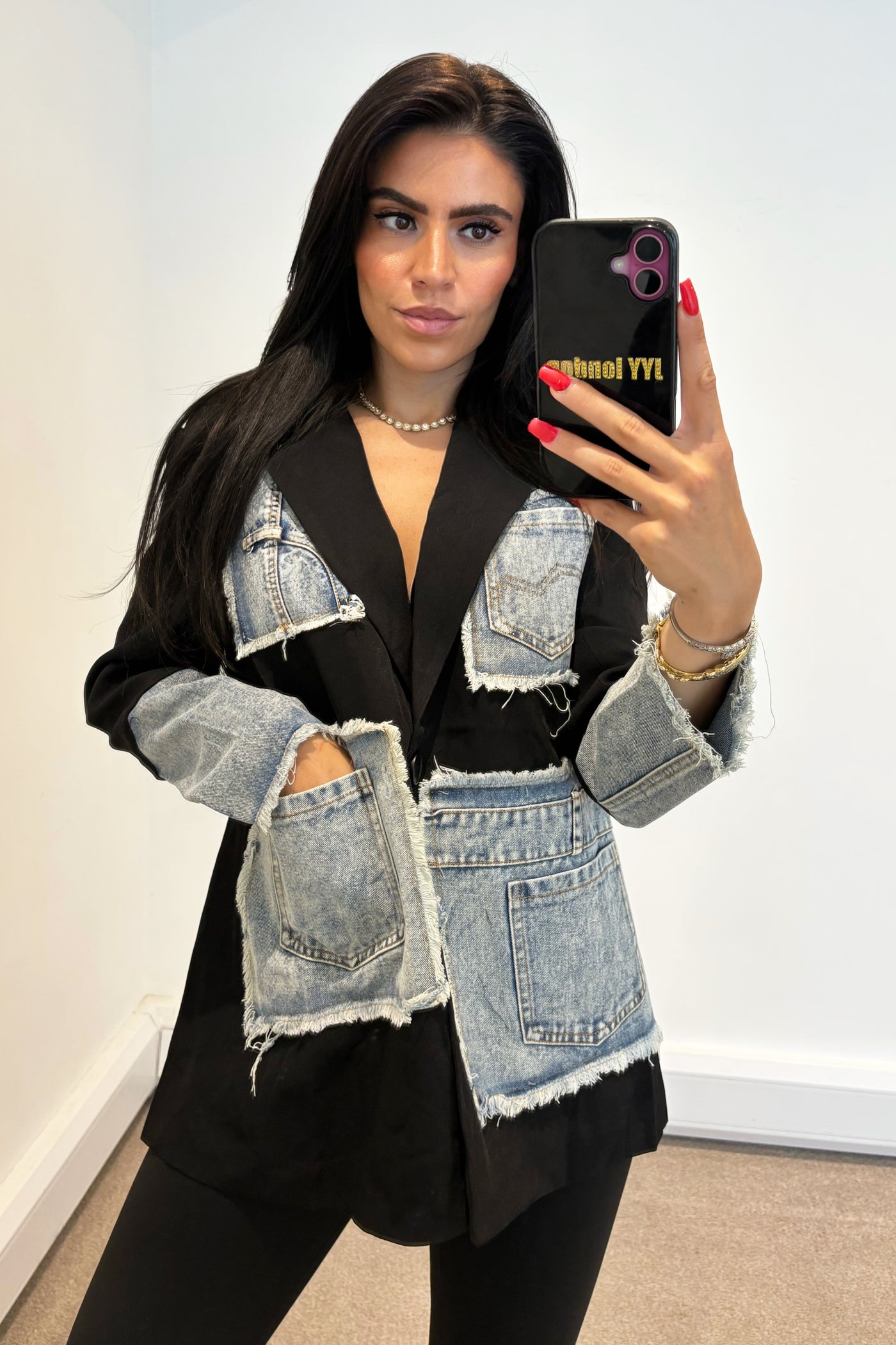 Denim Patchwork Blazer - Black