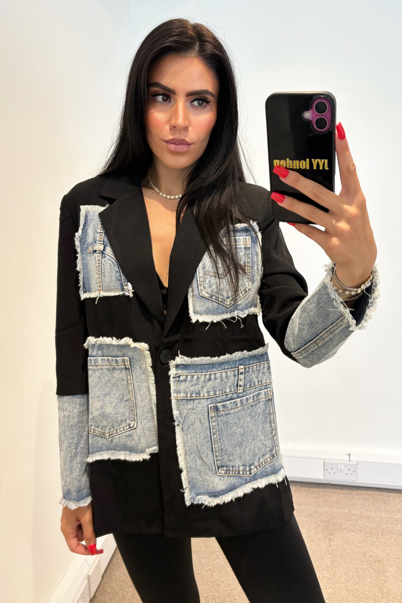 Denim Patchwork Blazer - Black