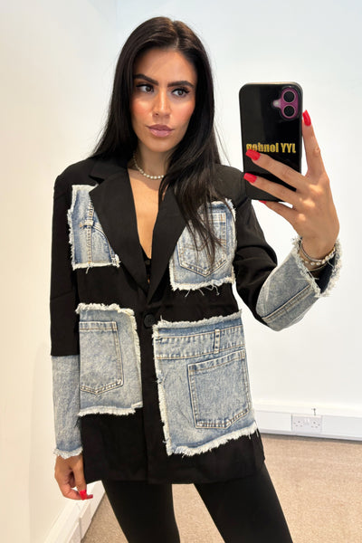 Denim Patchwork Blazer - Black
