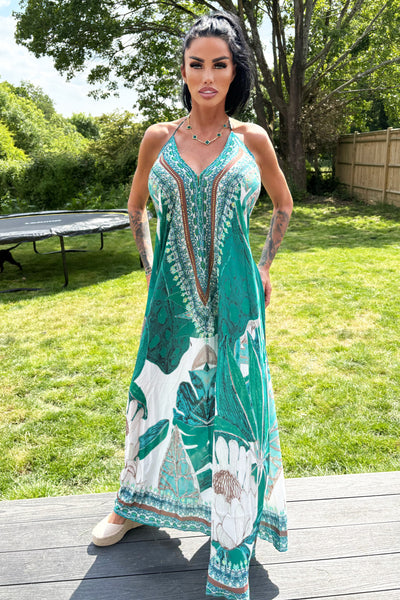 Diamante Leaf Print Maxi Dress - Green