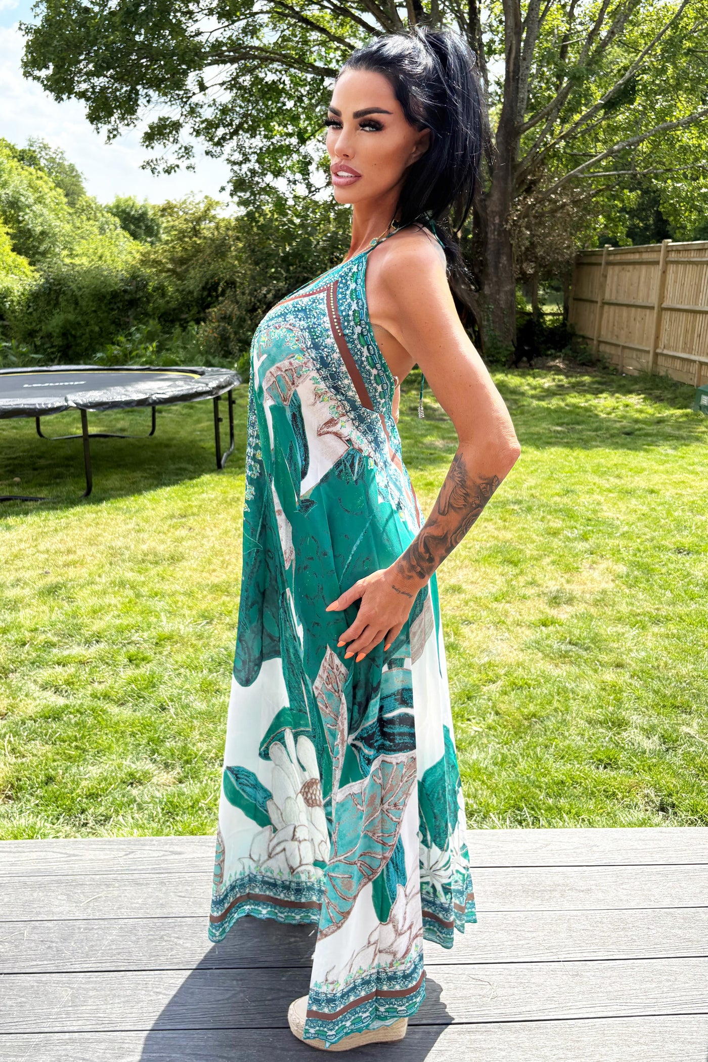 Diamante Leaf Print Maxi Dress - Green