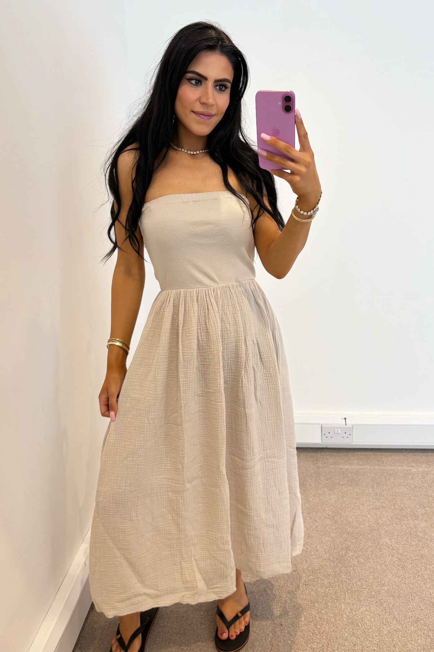 Cheesecloth Bandeau Dress - Beige
