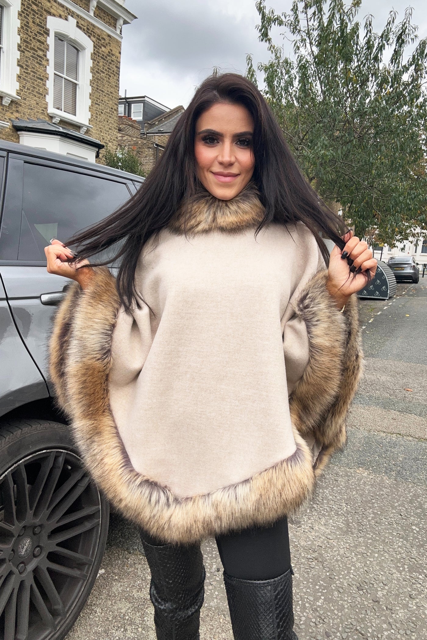 Faux Fur Poncho - Beige