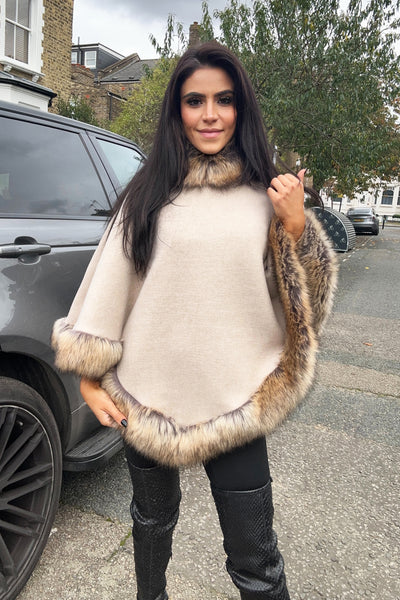 Faux Fur Poncho - Beige