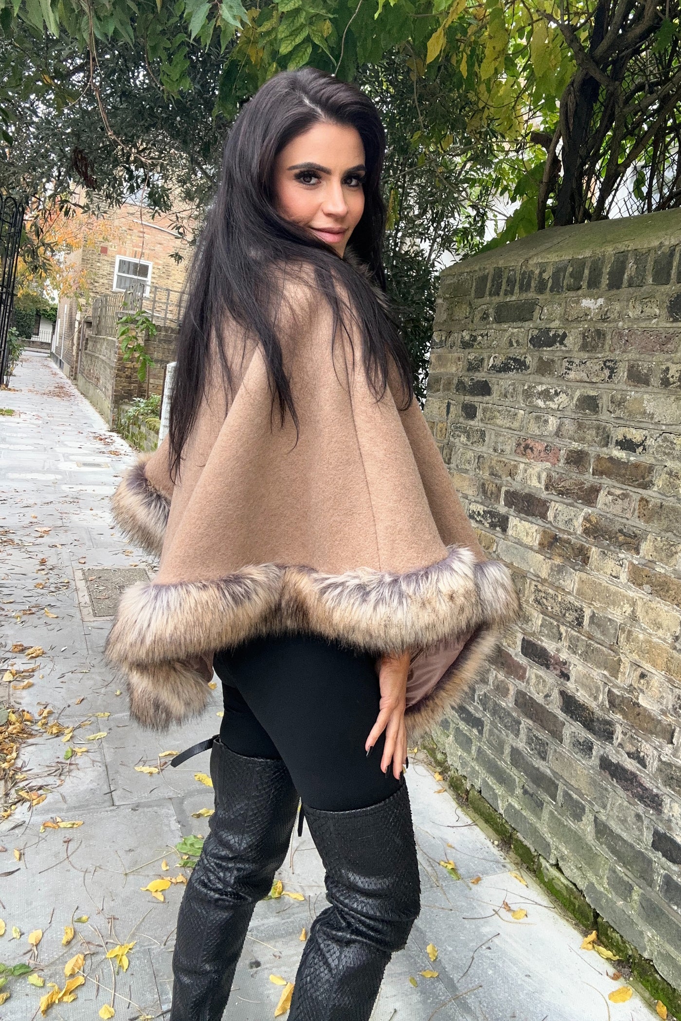 Faux Fur Poncho - Camel