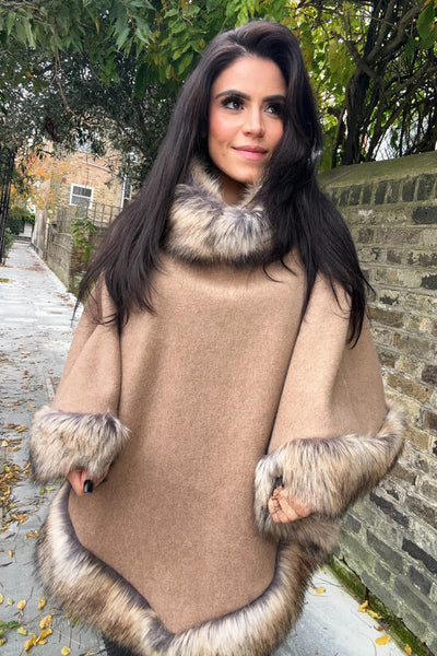 Faux Fur Poncho - Camel