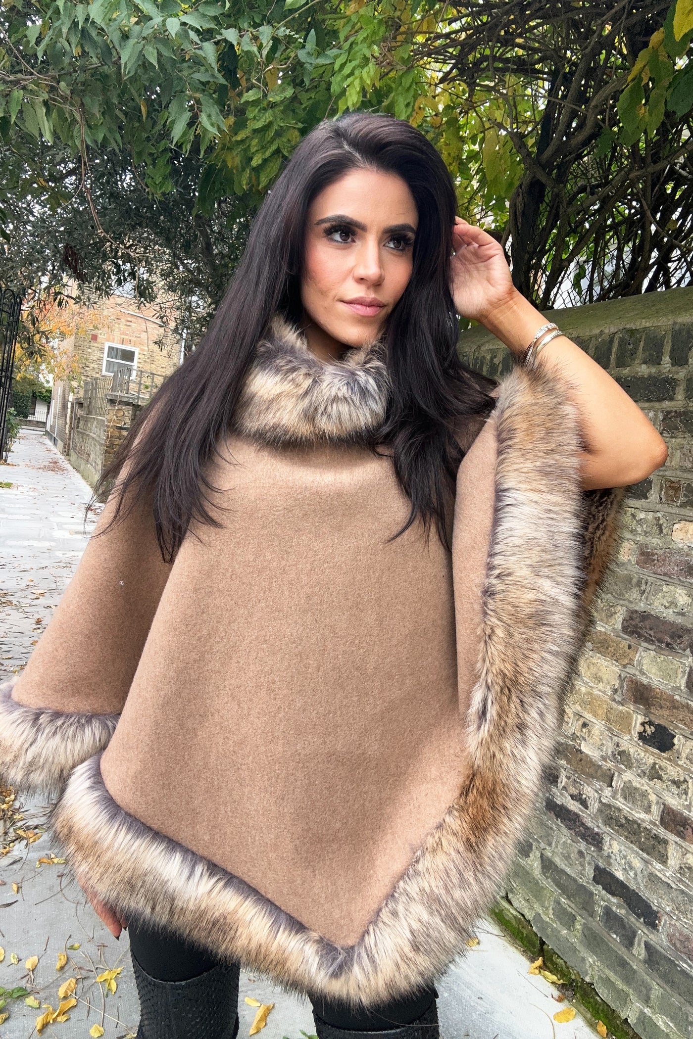 Faux Fur Poncho - Camel