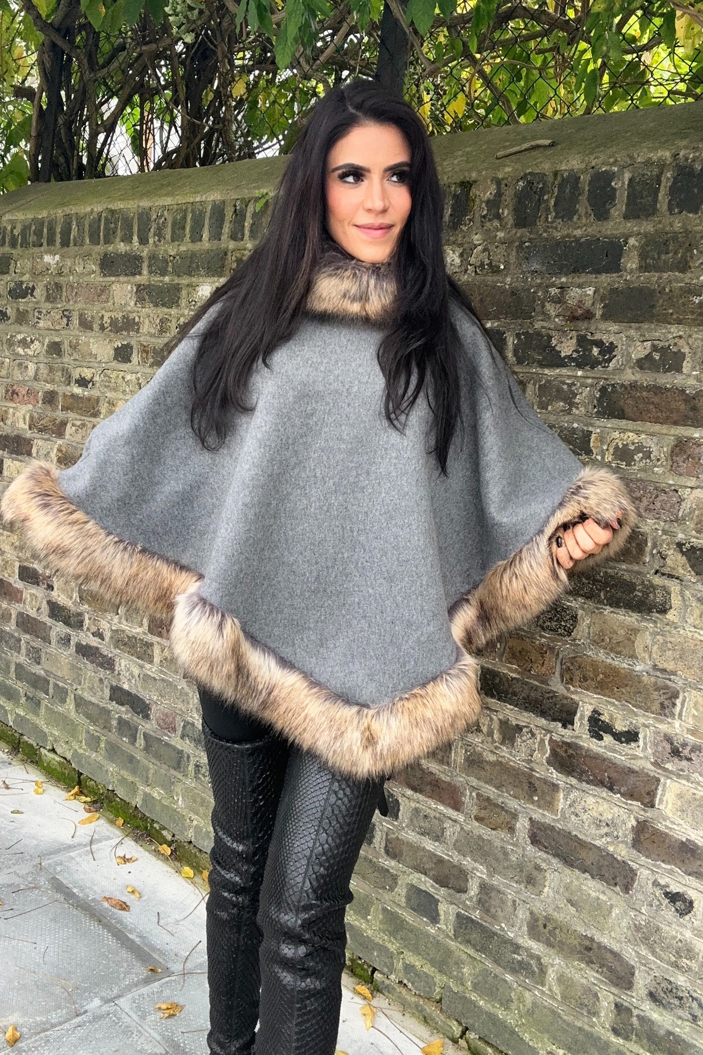 Faux Fur Poncho - Grey