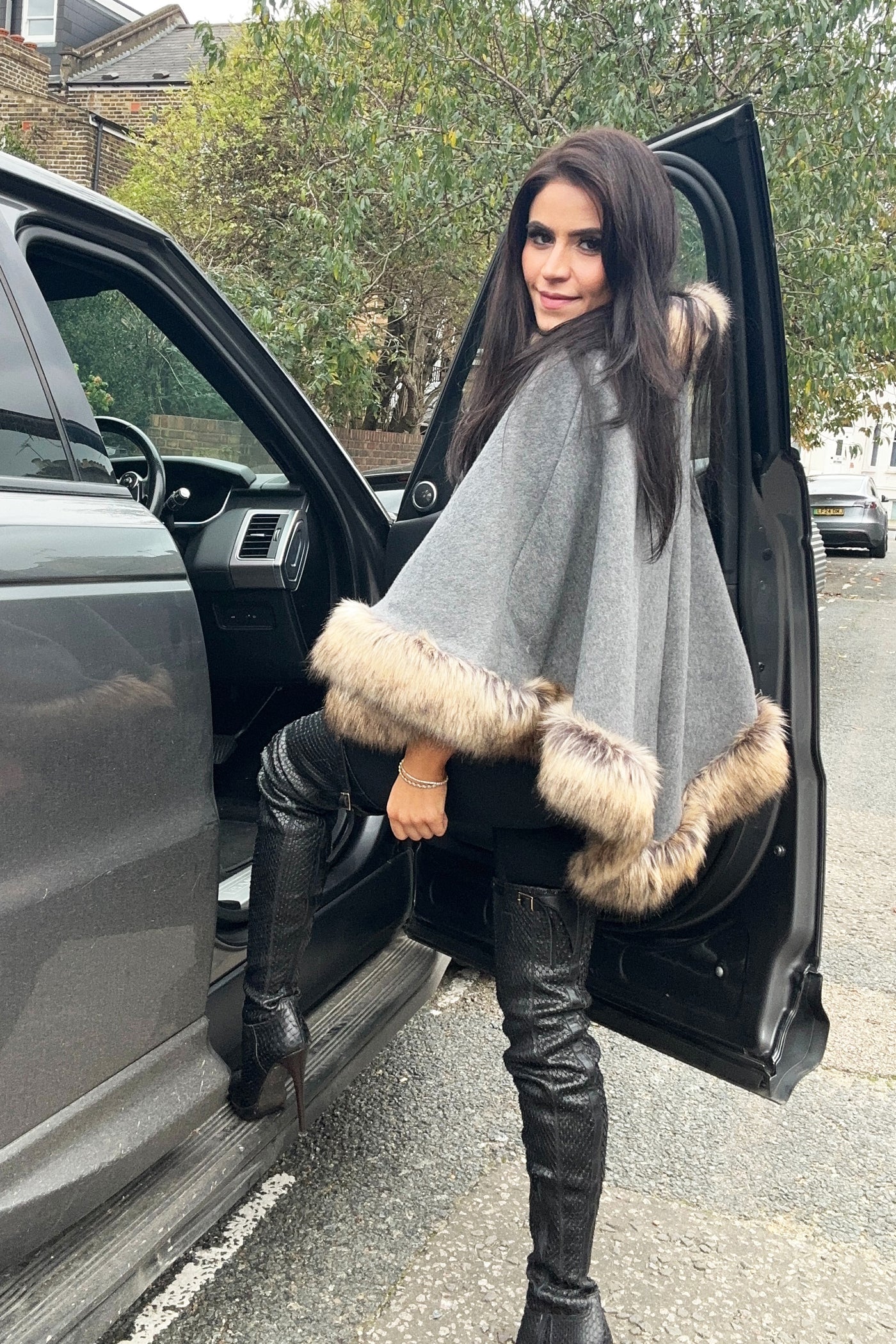 Faux Fur Poncho - Grey