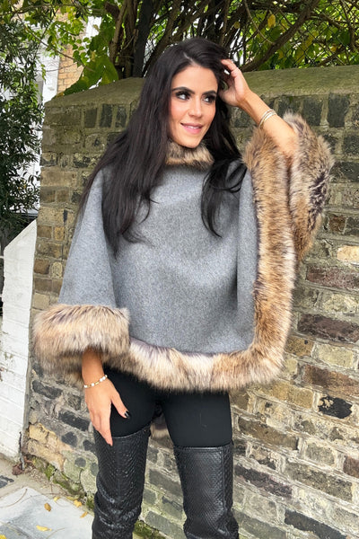 Faux Fur Poncho - Grey