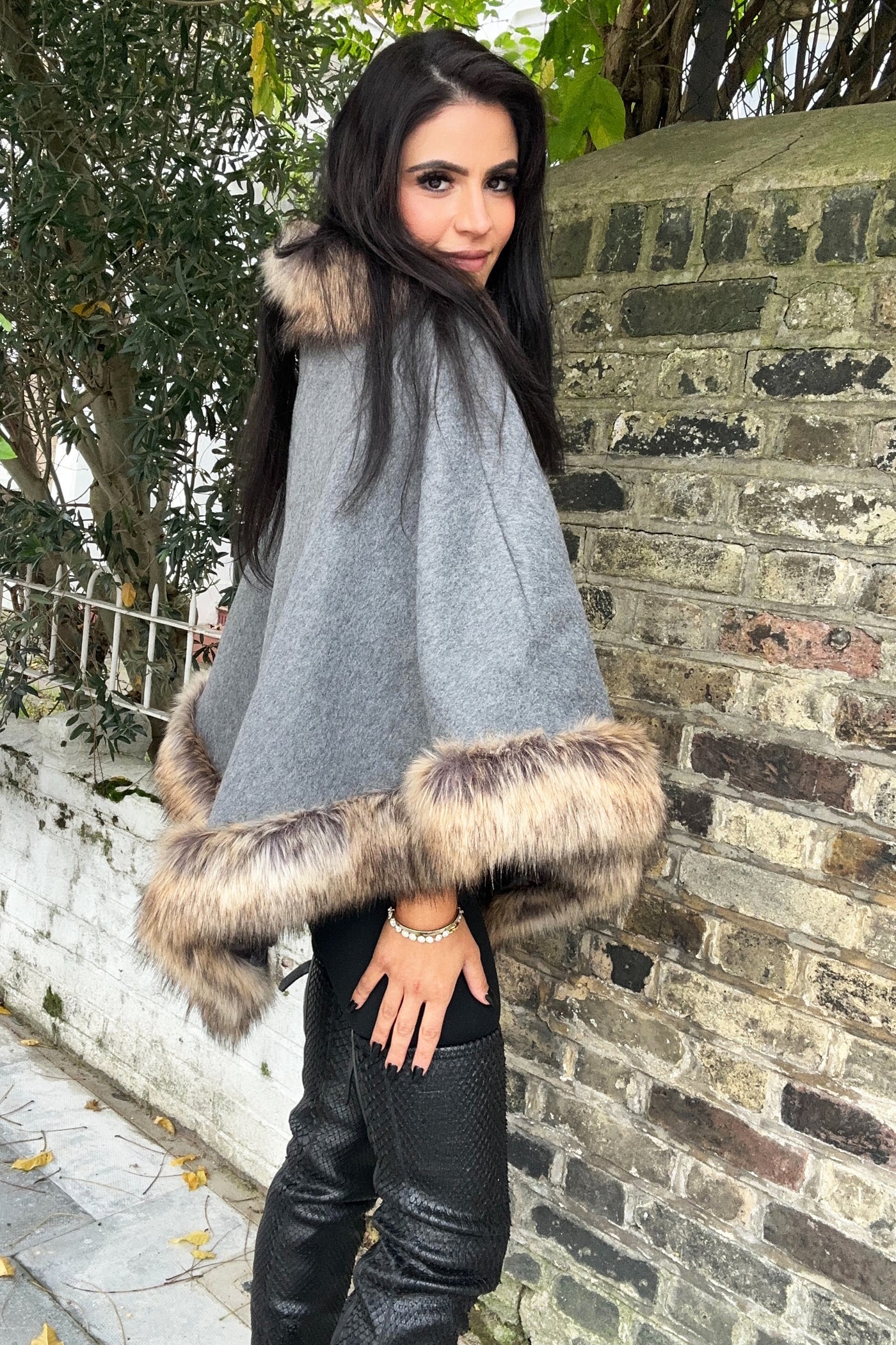 Faux Fur Poncho - Grey