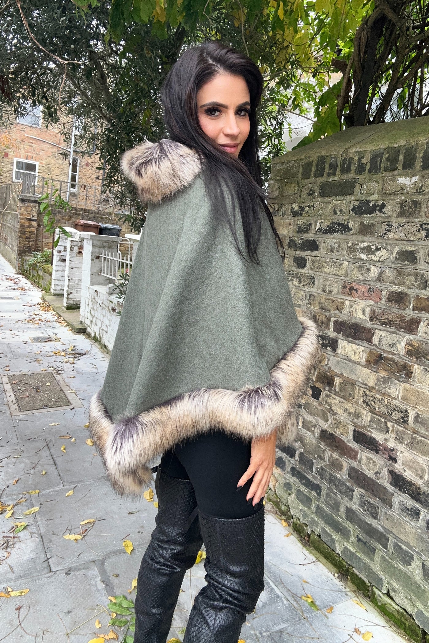 Faux Fur Poncho - Khaki